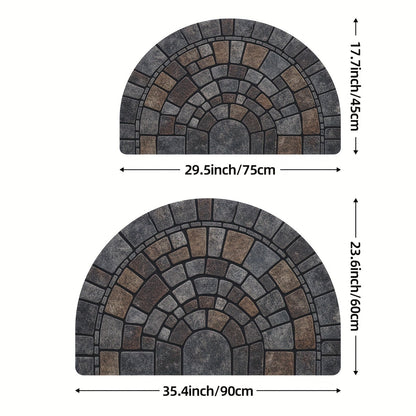 Semicircular Entryway Mat with Cobblestone Pattern for Indoor Outdoor Front Door Patio Garden Non-Slip Polyester Rug