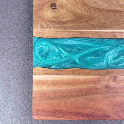 Acacia Wood Serving Board with Blue Resin River Design 18x9 Inch Charcuterie Platter Butcher Block Cutting Surface for Cheese Meat Bread