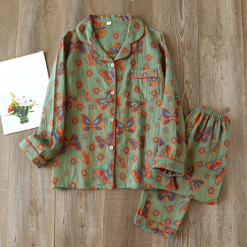 Women's Vintage Butterfly Print Cotton Pajama Set Short Sleeve Two Piece Sleepwear for Spring Summer Loungewear