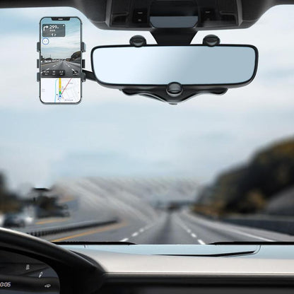 Adjustable Car Mirror Mount for Smartphones - Rotating Clip-On Device Cradle for GPS Navigation and Hands-Free Viewing While Driving