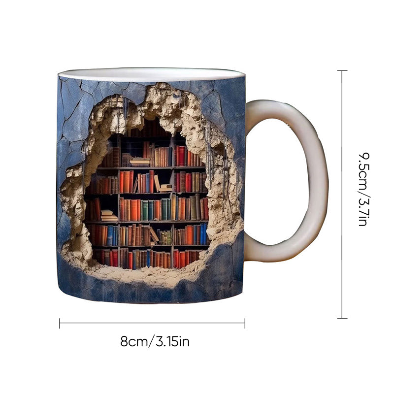 Ceramic Mug with 3D Bookshelf Wrap Design for Coffee Tea Hot Drinks Book Lovers Library Kitchen Microwave Dishwasher Safe Literary Gift
