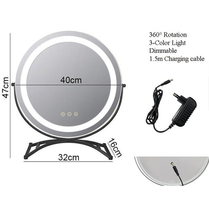 Rechargeable Lighted Vanity Mirror 16 Inch Round Tabletop Mirror with Adjustable LED Brightness Dimmable 360 Rotation for Makeup Skincare Be