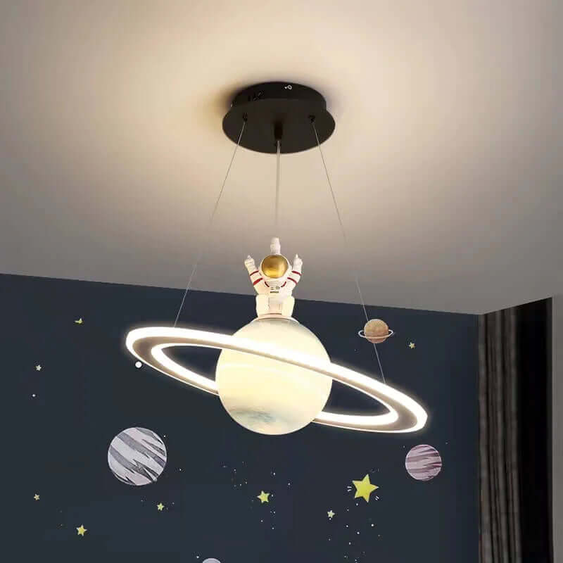 Space Planet LED Pendant Light for Kids Room – Glowing Saturn & Earth Ceiling Lamp with Astronaut Option