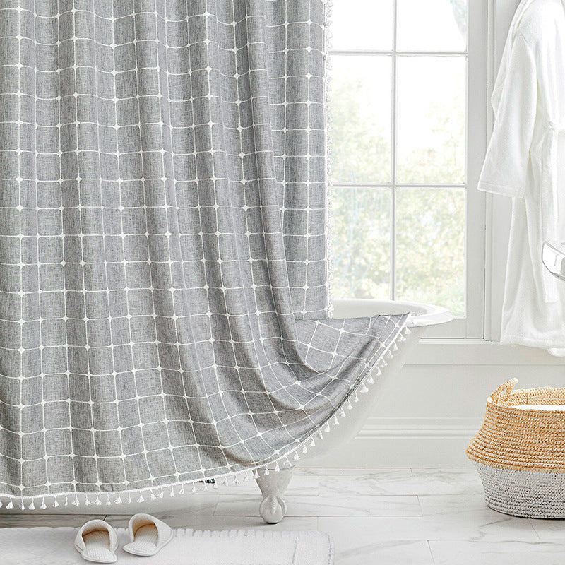 Waterproof Bath Curtain with Tassel Trim 71 x 79 Inches Gray Woven Linen Privacy Screen for Bohemian Bathrooms Country Style Decor Machine W