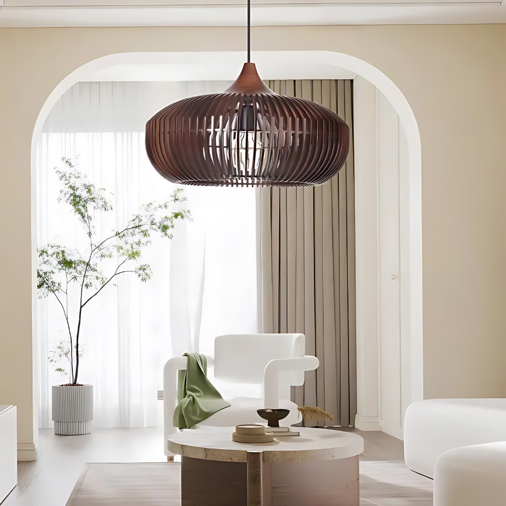 Lámpara de techo redonda de listones de madera natural de 17 pulgadas estilo Japandi, luz colgante ambiental para mesa de comedor, isla de cocina o sala de estar