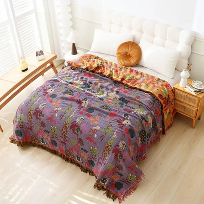 Reversible Cotton Throw Blanket with Floral Jacquard Weave & Tassel Trim for Sofa, Bed, Couch | All-Season Lightweight Decorative Blanket