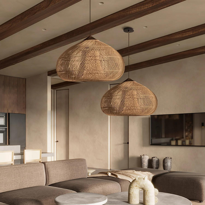 Woven Rattan Ceiling Light Fixture E26 Natural Boho Hanging Lamp for Dining Kitchen Island Bedroom Ambient Lighting Handcrafted Organic Text