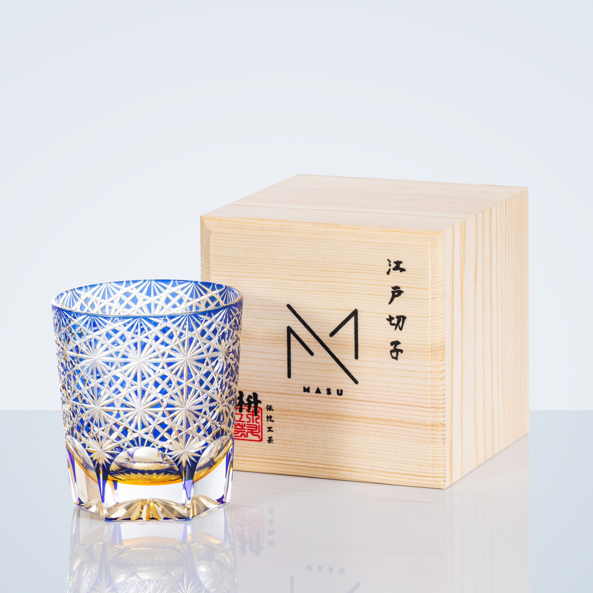 Hand-Cut Crystal Tumbler for Bourbon & Spirits, Blue-Amber Glass with Authentic Japanese Patterns, Gift-Ready Keepsake Box for Collectors
