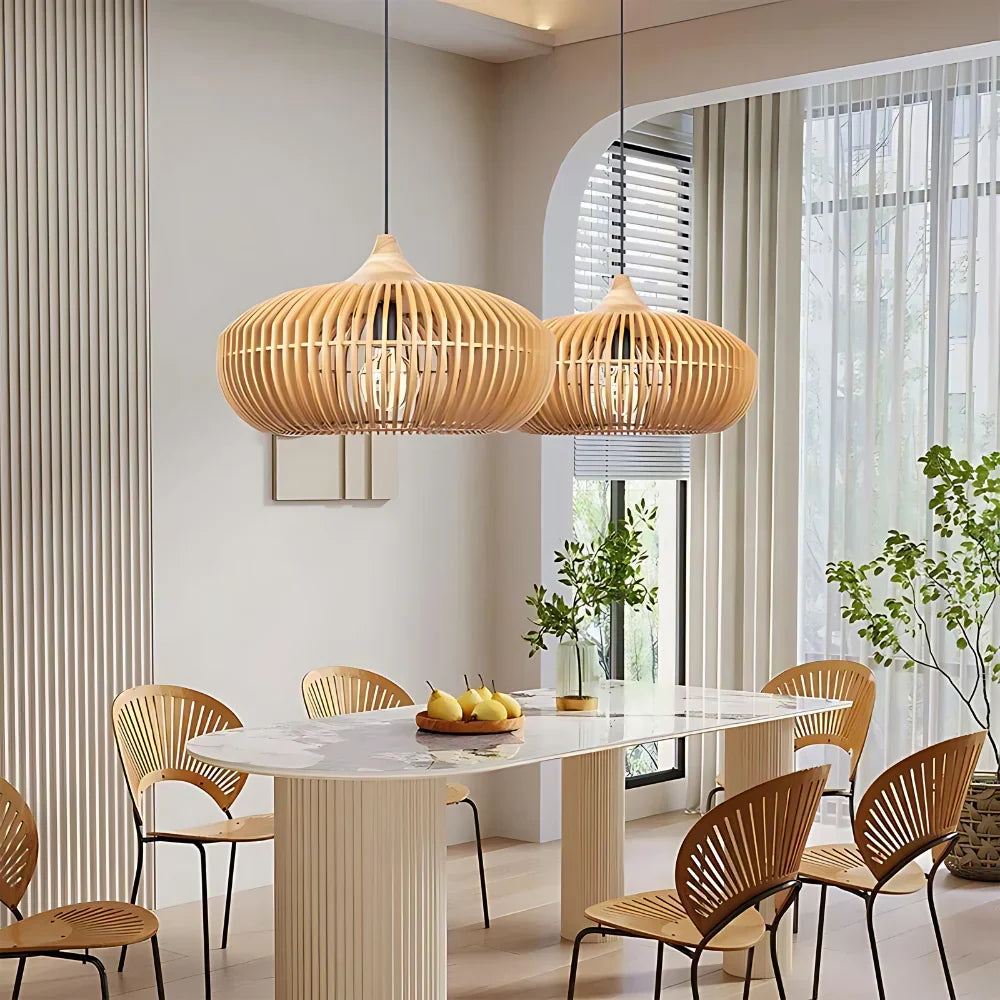 Lámpara de techo redonda de listones de madera natural de 17 pulgadas estilo Japandi, luz colgante ambiental para mesa de comedor, isla de cocina o sala de estar