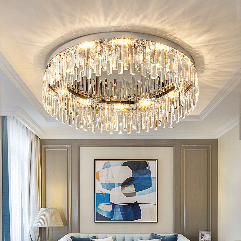 Flush Mount LED Chandelier with Crystal Accents – Chrome Stainless Steel Round Fixture for Bedroom, Dining Room, Kitchen & Hotel – Dimmable