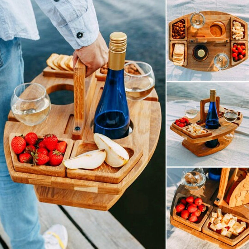 Outdoor Wine & Cheese Picnic Table Set – Folding Oak Wood Wine Holder with Glass & Snack Tray for Beach, Garden, Camping & Patio