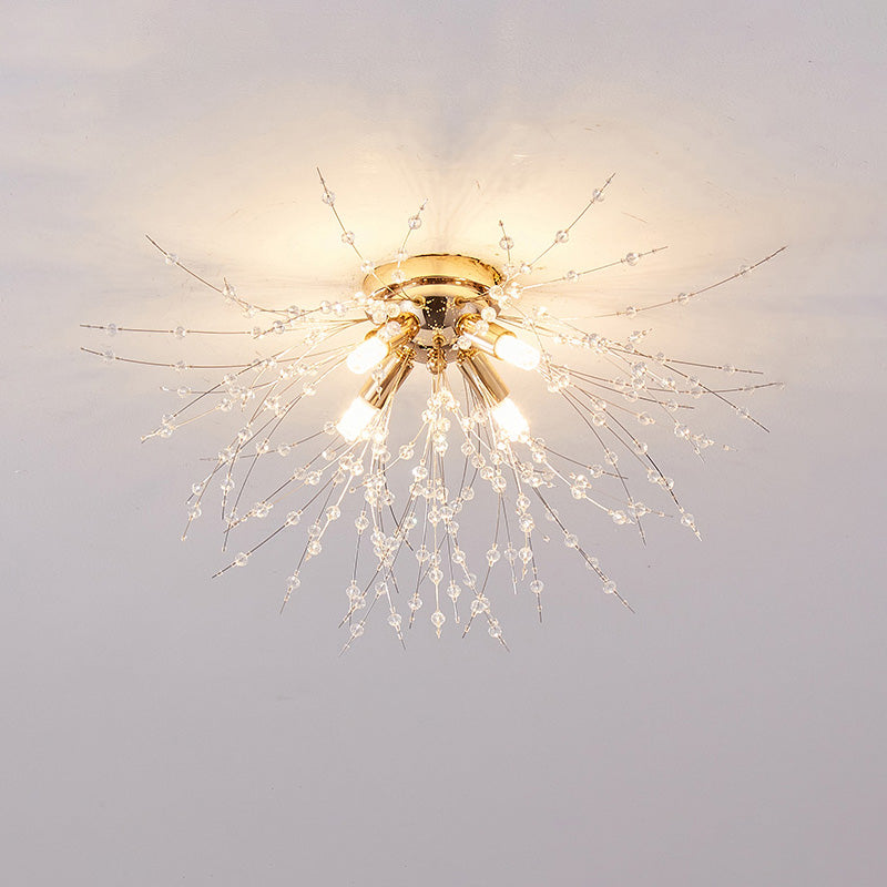 Lámpara de techo de montaje empotrado con diseño de diente de león de cristal: accesorio de 16 pulgadas en dorado y plateado para dormitorio, pasillo y baño