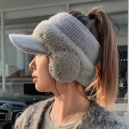 Knit Winter Baseball Cap with Ear Warmers & Ponytail Opening for Women – Insulated Fleece-Lined Sports Beanie Hat