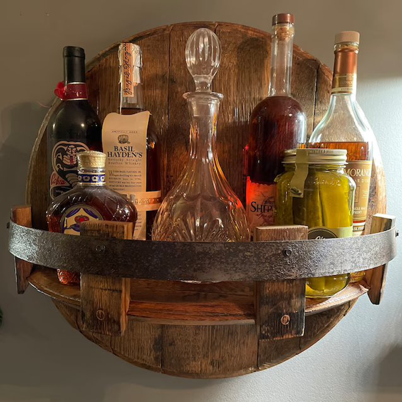 Round Barrel Wall Shelf – Solid Wood Floating Display for Bottles & Decor – Rustic Storage for Home Bar, Kitchen & Living Room