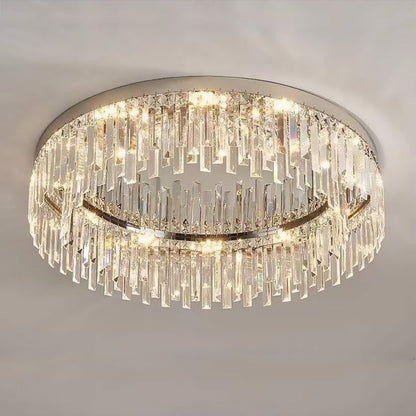 Flush Mount LED Chandelier with Crystal Accents – Chrome Stainless Steel Round Fixture for Bedroom, Dining Room, Kitchen & Hotel – Dimmable