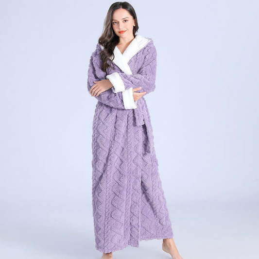 Albornoz de forro polar con capucha para mujer, largo, suave, con bolsillos, para casa y spa, gris, rosa, morado, verde, abrigo de invierno