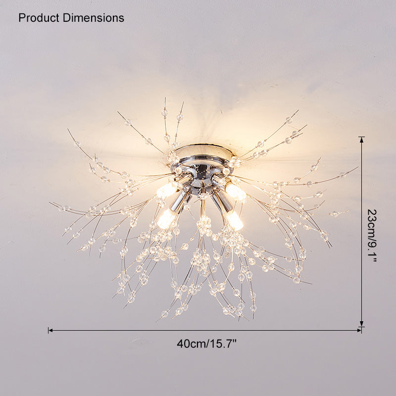 Lámpara de techo de montaje empotrado con diseño de diente de león de cristal: accesorio de 16 pulgadas en dorado y plateado para dormitorio, pasillo y baño