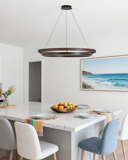 Circular Wood Ring Chandelier with LED Lighting 24-47 Inches Adjustable Height Farmhouse Dining Room Kitchen Island Ceiling Fixture