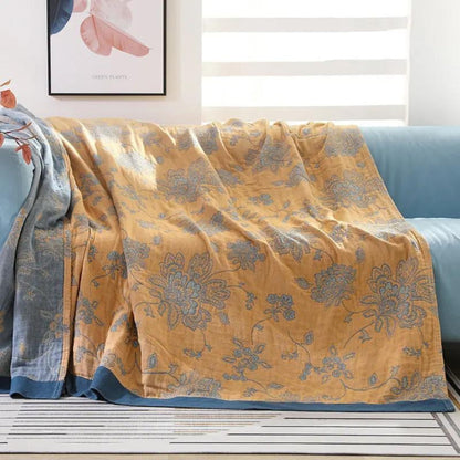 Layered Cotton Gauze Throw Blanket with Botanical Print for Bed or Couch – Lightweight Year-Round Comfort for Bedroom Living Room
