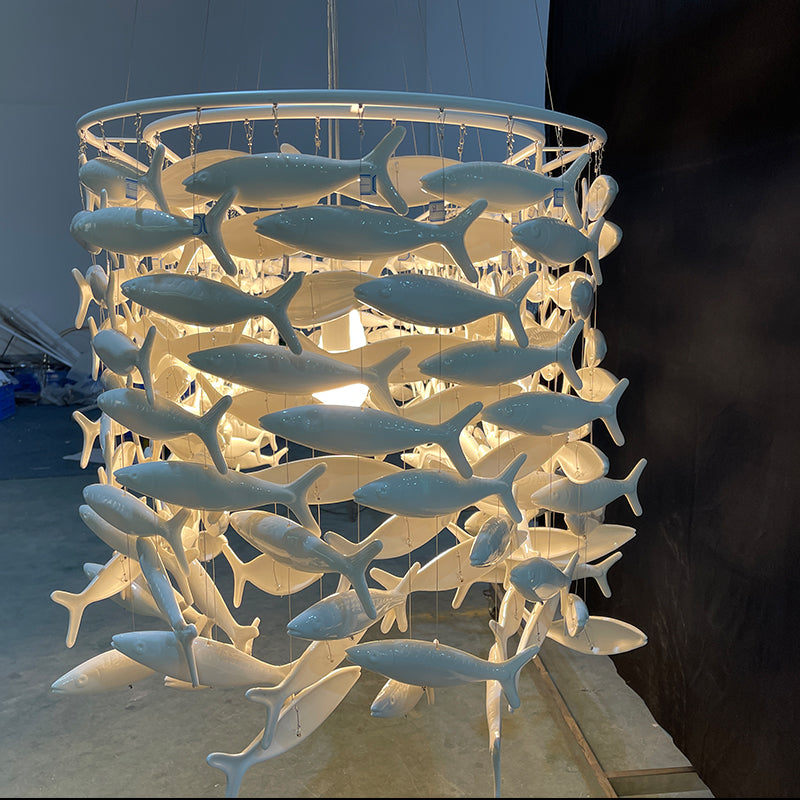 Ceramic Fish Sculpture Chandelier for Dining Room – Modern Coastal Pendant Light Fixture with Adjustable Hanging Height