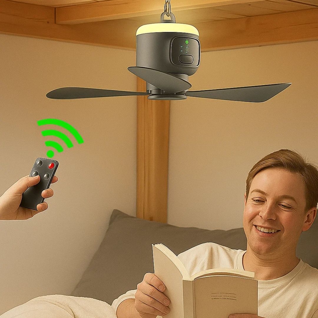 Portable Remote-Control Ceiling Fan with LED Light & 30-Hour Battery Life | Compact Design for Home & Travel