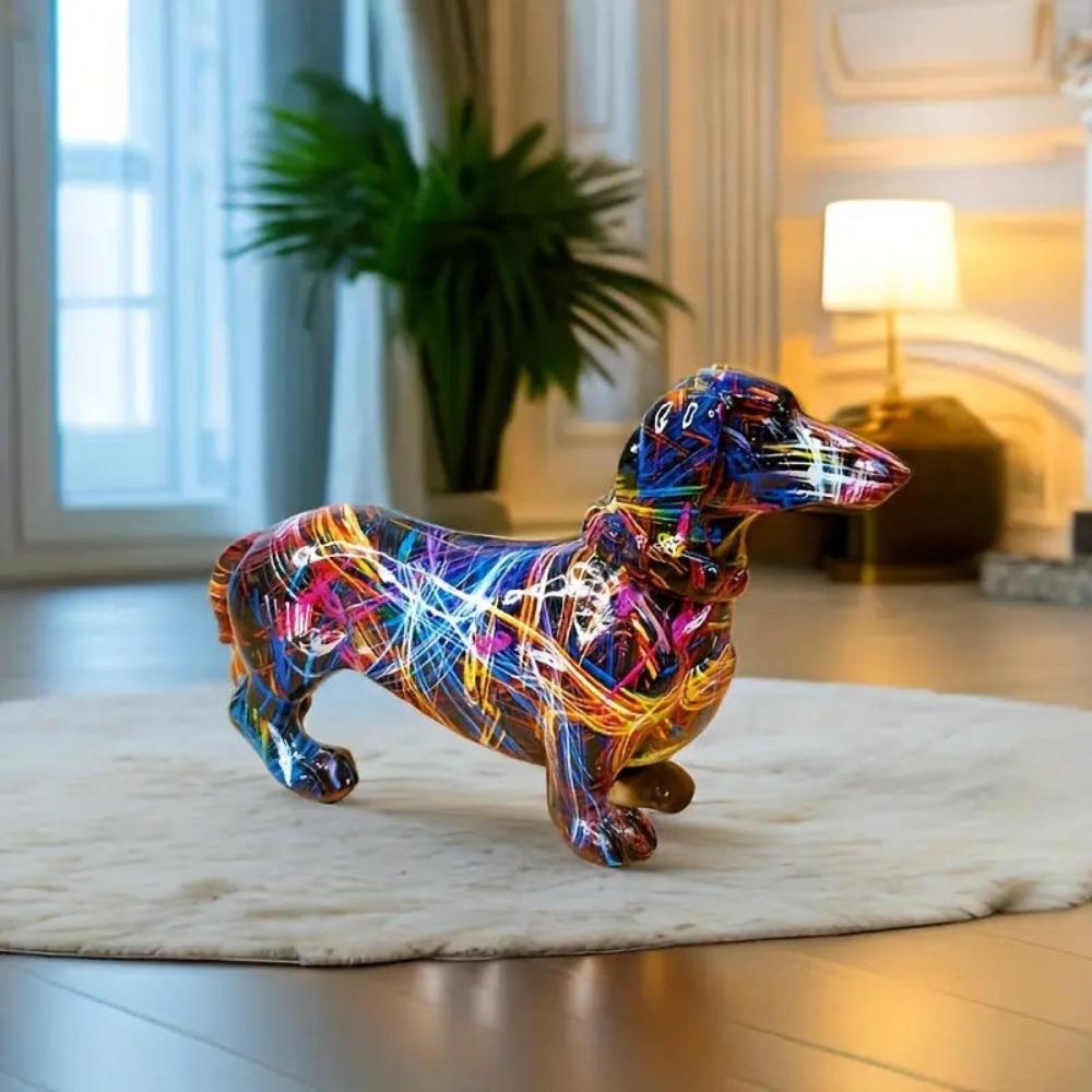 Wiener Dog Statue Colorful Resin Accent Sculpture Desk Shelf Mantel Contemporary Animal Figure Desktop Art Dachshund Collectible Home Decor