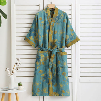 Cotton Gauze Robe with Vintage Print – Lightweight Breathable Loungewear for Women | Soft Double-Layer Spa Robe for Home Relaxation