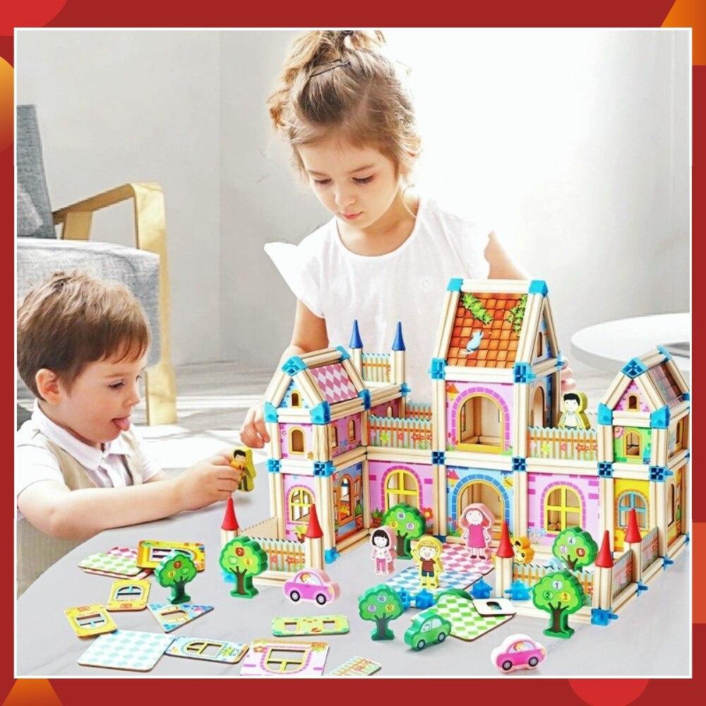 Wooden Modular Dollhouse Construction Set – Creative Building Activity for Kids Age 2+ with Architectural Pieces, Doors & Windows