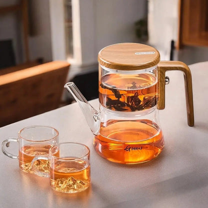 Glass Teapot with Magnetic Filter 25 fl oz for Loose Leaf Tea Herbal Infusions Wood Handle Heat Resistant