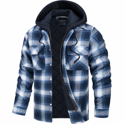 Quilted Plaid Flannel Shirt Jacket with Removable Hood for Men – Button Front & Zip Closure