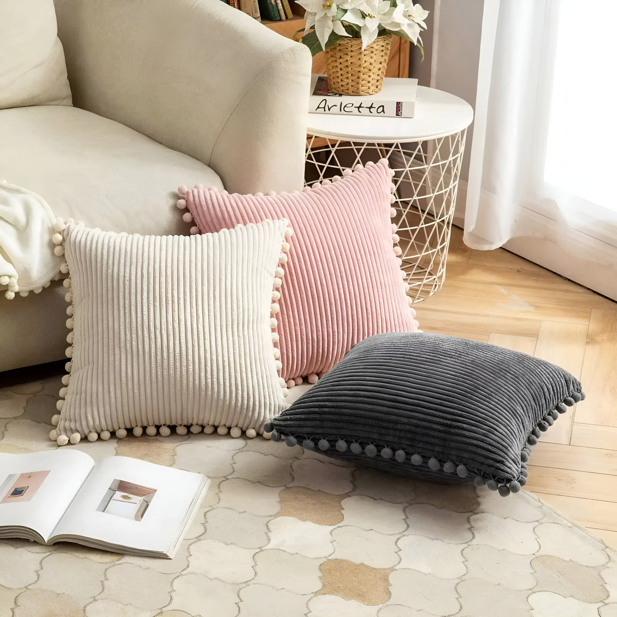 Plynn Ribbed Cushion Cover - Plush Fabric with Pom-Pom Accents