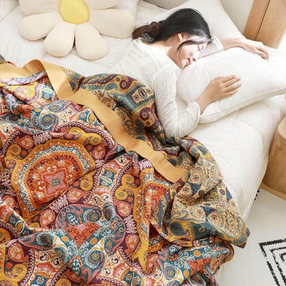 Reversible Cotton Throw Blanket Lightweight Breathable Summer Bedding for Hot Sleepers Temperature Regulating Double-Sided Quilt