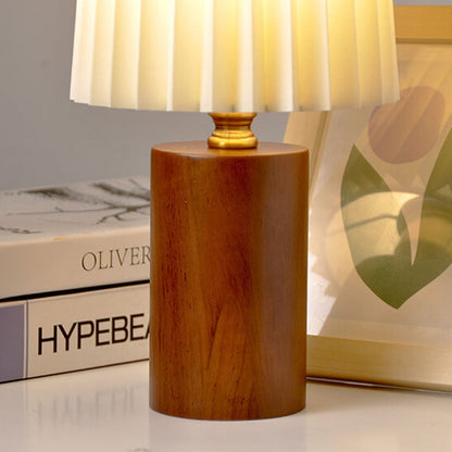 Nightstand Lamp with Pleated Shade Wood Base 12 in Tall USB or E26 Socket Soft Ambient Light for Bedroom Office Reading Scandinavian Modern