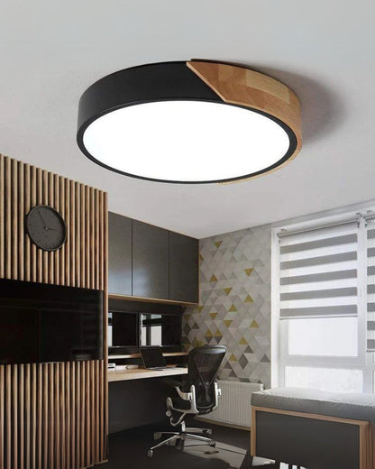 Round Flush Mount Ceiling Light with Wood Accent and Integrated LED – Modern Low Profile Fixture in 9, 12, 16, 20, and 24 inch Sizes for Liv