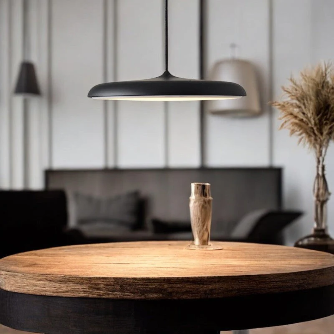 Lámpara colgante LED redonda de metal y acrílico – Luz colgante azul de 16 pulgadas para comedor, isla de cocina, dormitorio – Diseño minimalista moderno