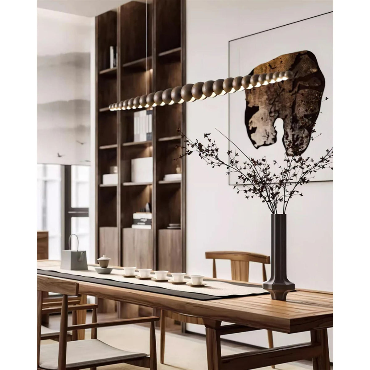 Linear LED Ceiling Fixture Wood & Metal 3000K Over Island Kitchen Dining Room Adjustable Height Suspended Bar Light Modern Minimalist Scandi