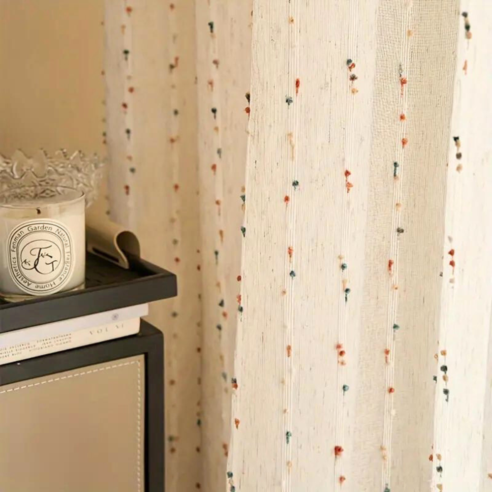 Sheer Voile Window Panel with Embroidered Rainbow Arcs – Playful Light-Filtering Drape for Kids Room, Nursery, Living Space & Balcony