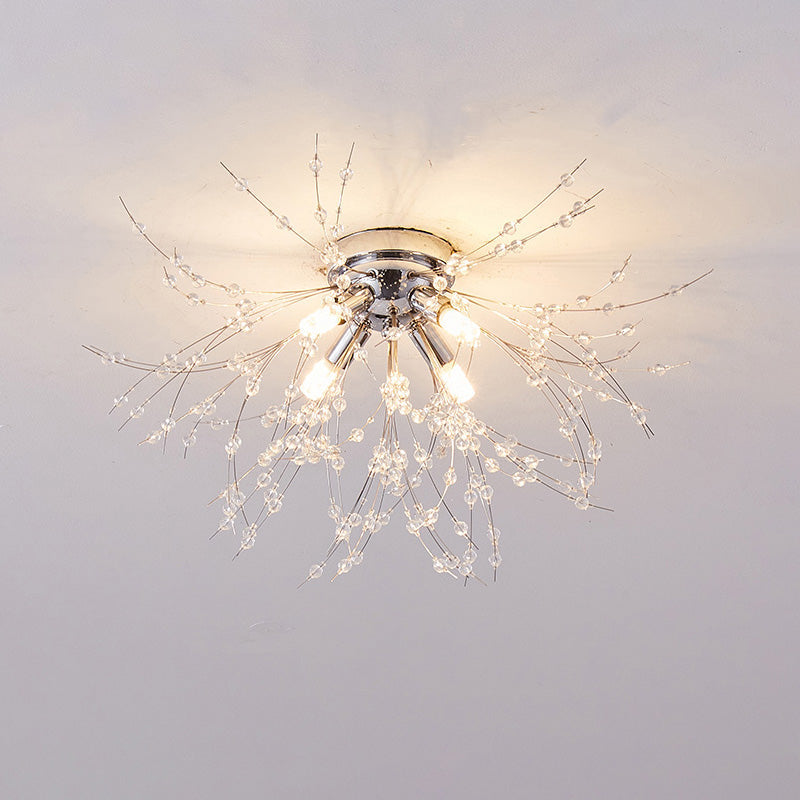 Lámpara de techo de montaje empotrado con diseño de diente de león de cristal: accesorio de 16 pulgadas en dorado y plateado para dormitorio, pasillo y baño