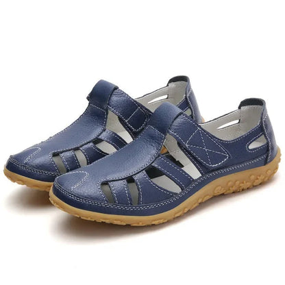 Women's Leather Sandals with Hook-and-Loop Straps & Cushioned Footbed | Summer Walking Shoes with Adjustable Fit