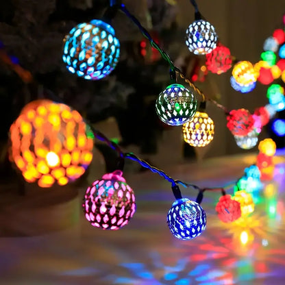 Moroccan Metal Globe String Lights Solar Powered Outdoor Patio Decor 20-30 Warm White LED Orbs Bohemian Weatherproof Garden Balcony
