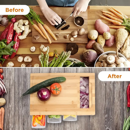 Bamboo Chopping Board with Slide-Out Prep Trays & 4-Piece Grater Set – All-in-One Food Prep Station for Home Kitchens