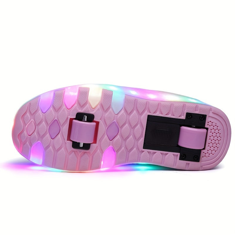 Kids Light-Up Wheeled Shoes with Removable Rollers LED Sneakers Hook-and-Loop Strap Pink Faux Leather for Boys Girls Active Play