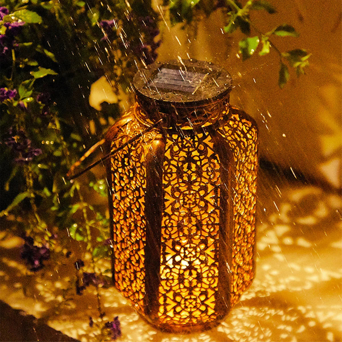 Sun-Charged Metal Garden Lantern with Cutout Moroccan Design for Porch, Deck & Yard Lighting