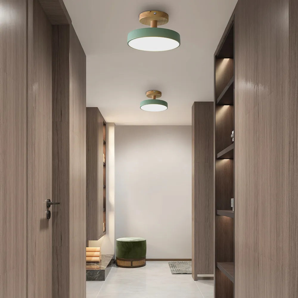 12W LED Flush Mount Light Wood & Green Finish for Bedroom Hallway Small Rooms Modern Scandinavian Style Ceiling Fixture 32-108 sq ft