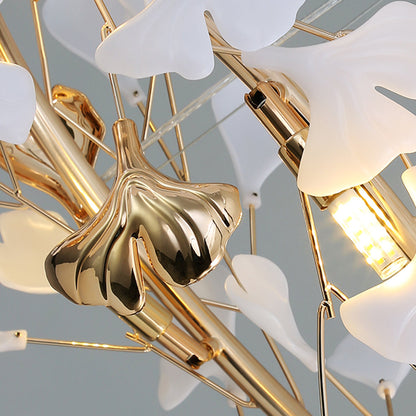 Ceramic Leaf Cluster Pendant Light with Adjustable Cord – Gold Metal Frame Multi-Bulb Chandelier for Dining Room, Living Room & Bedroom