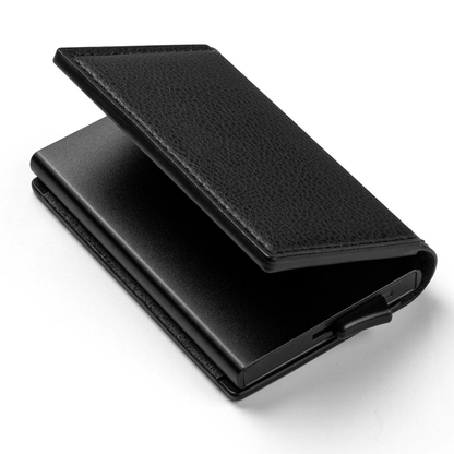 RFID-Blocking Leather Billfold with Pop-Up Card Holder 3.7 × 2.6 × 0.4 Inches Slim Aluminum Mechanism Travel Wallet Compact Front Pocket Org