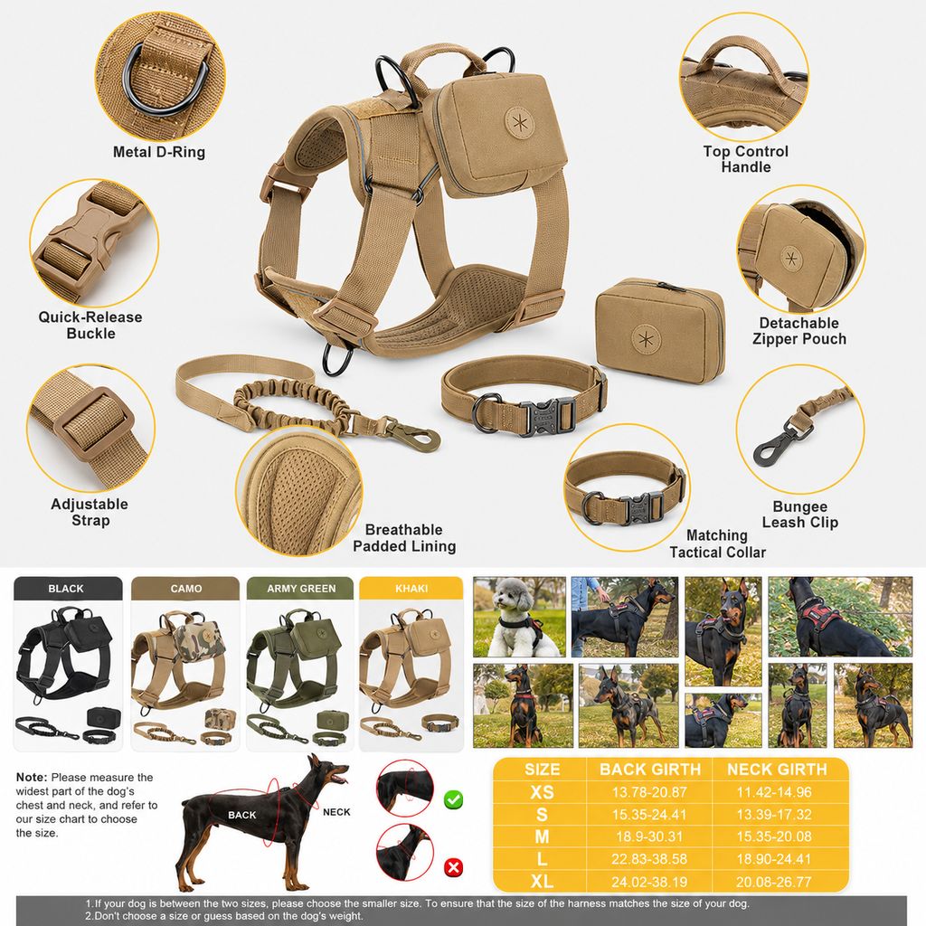 Ortekor 5-Piece Tactical Dog Harness Set for Hiking & Training - Better Control for Strong Dogs
