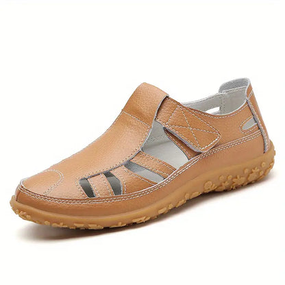 Women's Leather Sandals with Hook-and-Loop Straps & Cushioned Footbed | Summer Walking Shoes with Adjustable Fit