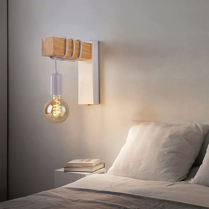 Metal and Wood Wall Light Fixture with E27 Socket – Modern Rustic Sconce for Hallway Bedroom Living Room – Semi-Flush Mount Design