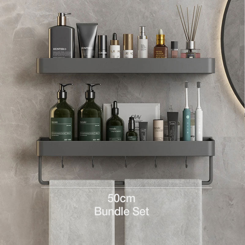 Metal Bathroom Organizer Shelf Gray 12-Inch Shower Caddy Wall-Mount Storage Rack for Shampoo Toiletries & Towels Space-Saving Modern Design